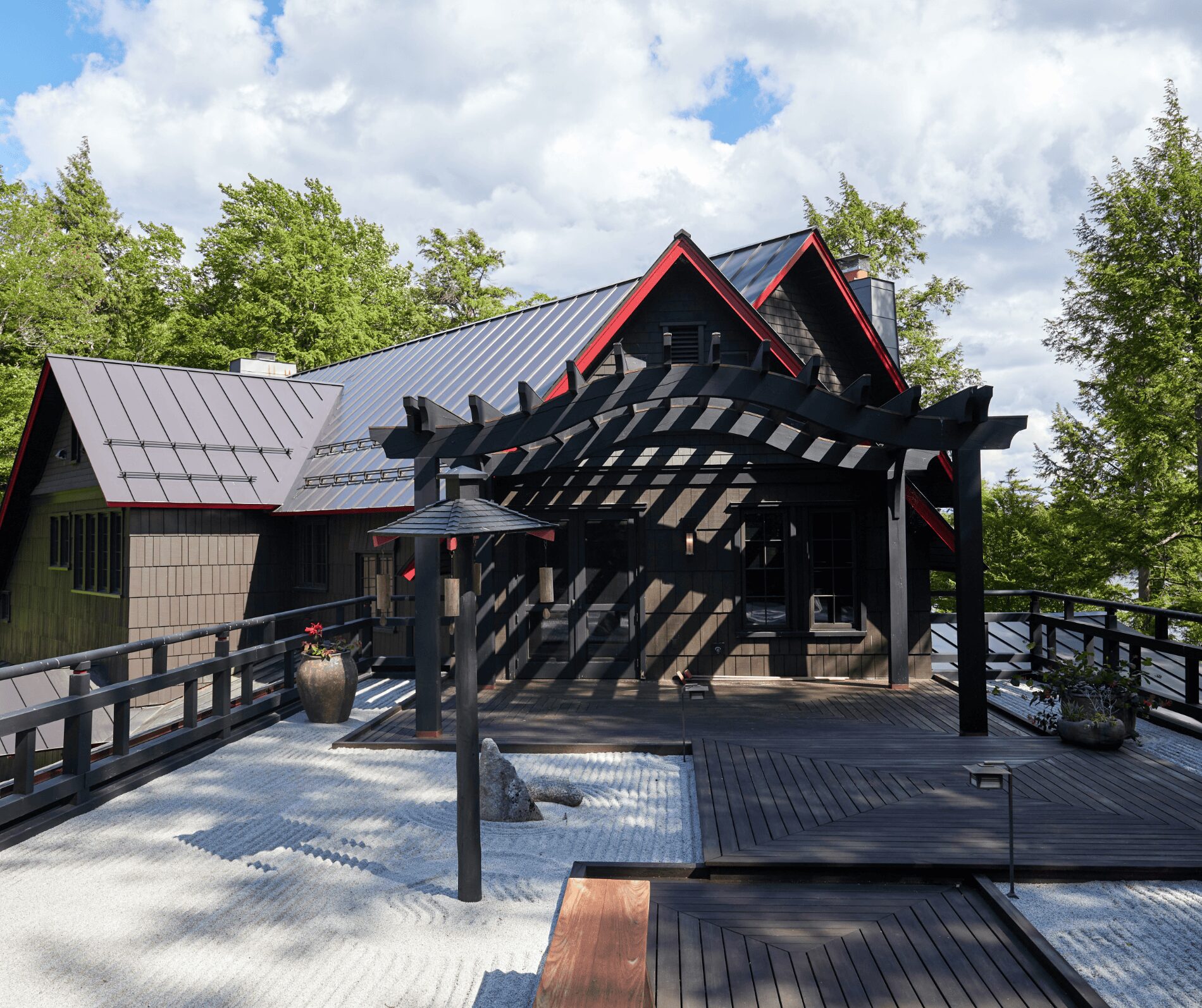 Stone House Exterior Pergola Asian Garden & Boathouse Andrew Chary Architect