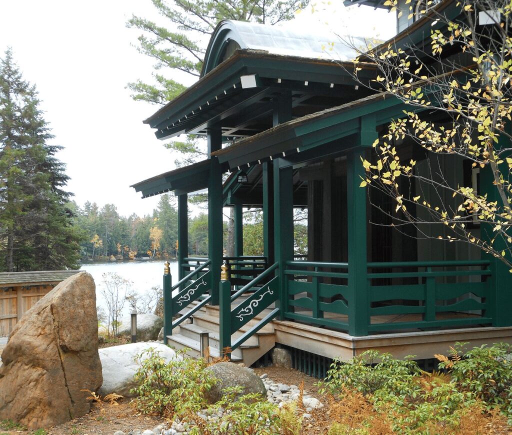 Asian Temple House Entry Porch And Fence Asian Temple House And Boathouse Andrew Chary Architect