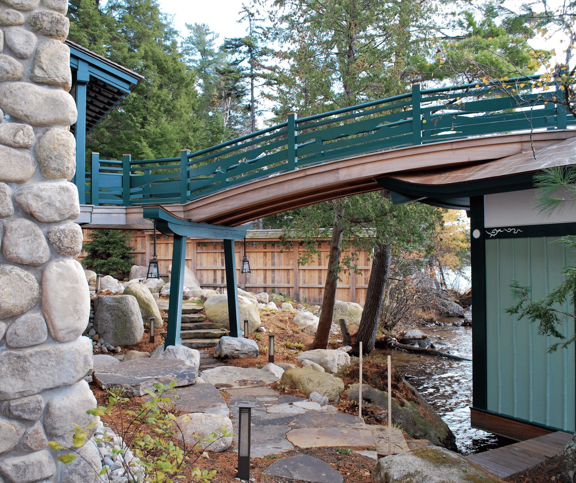 Bridge And Garden Passage Asian Temple House And Boathouse Andrew Chary Architect