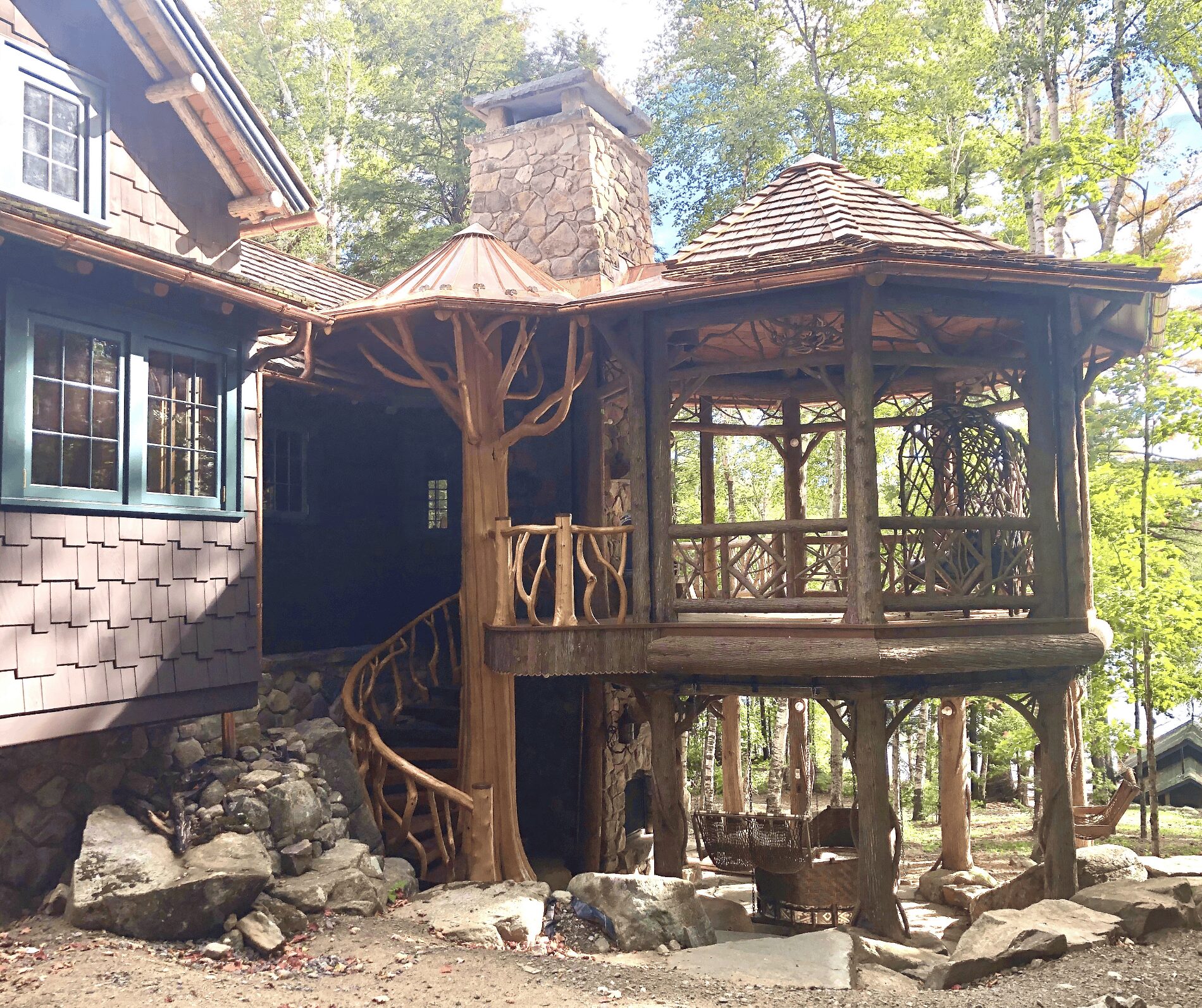 Spiral Log Stair Tupper Lake Great Camp Andrew Chary Architect