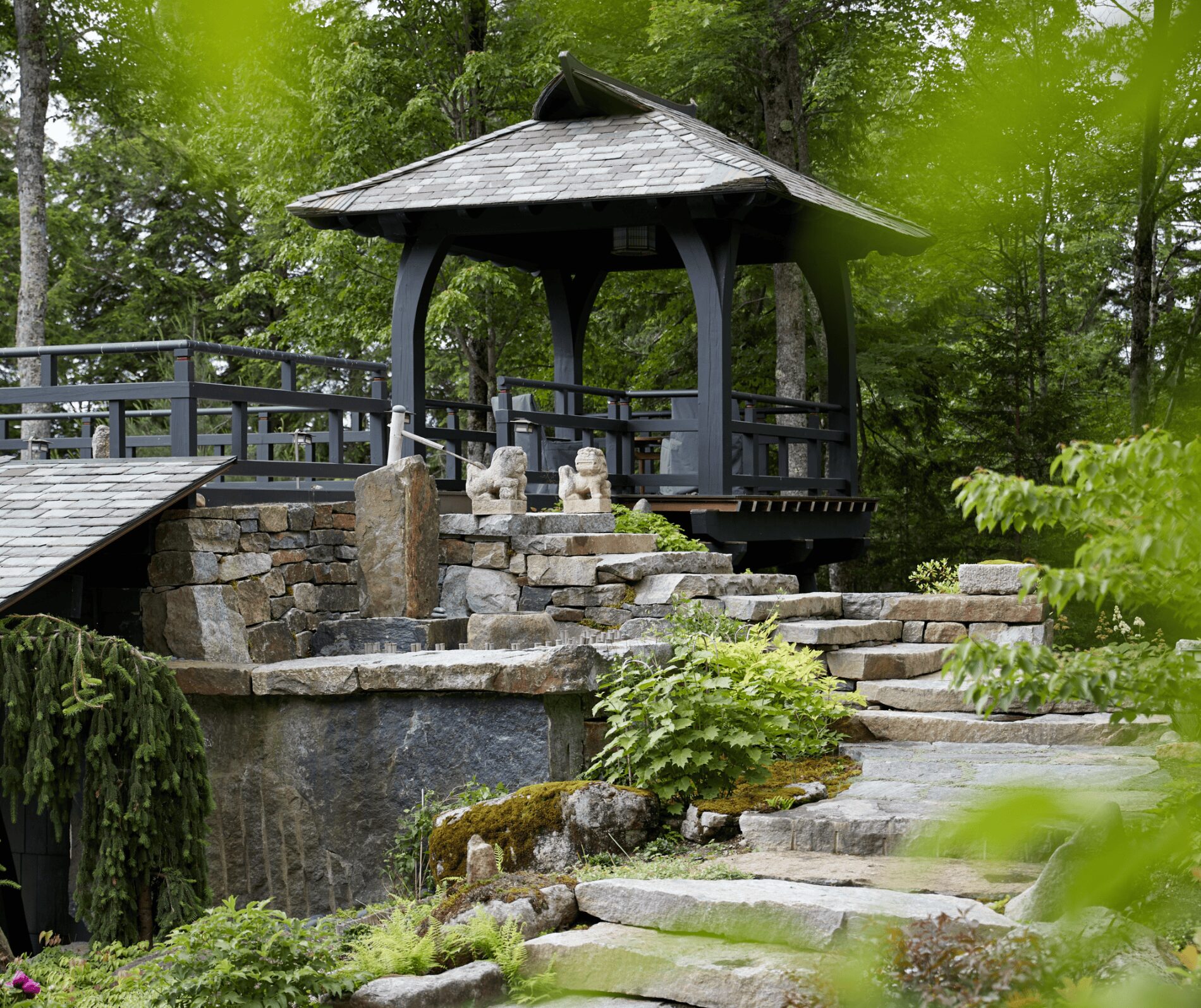 Stone House Exterior Pagoda Asian Garden & Boathouse Andrew Chary Architect