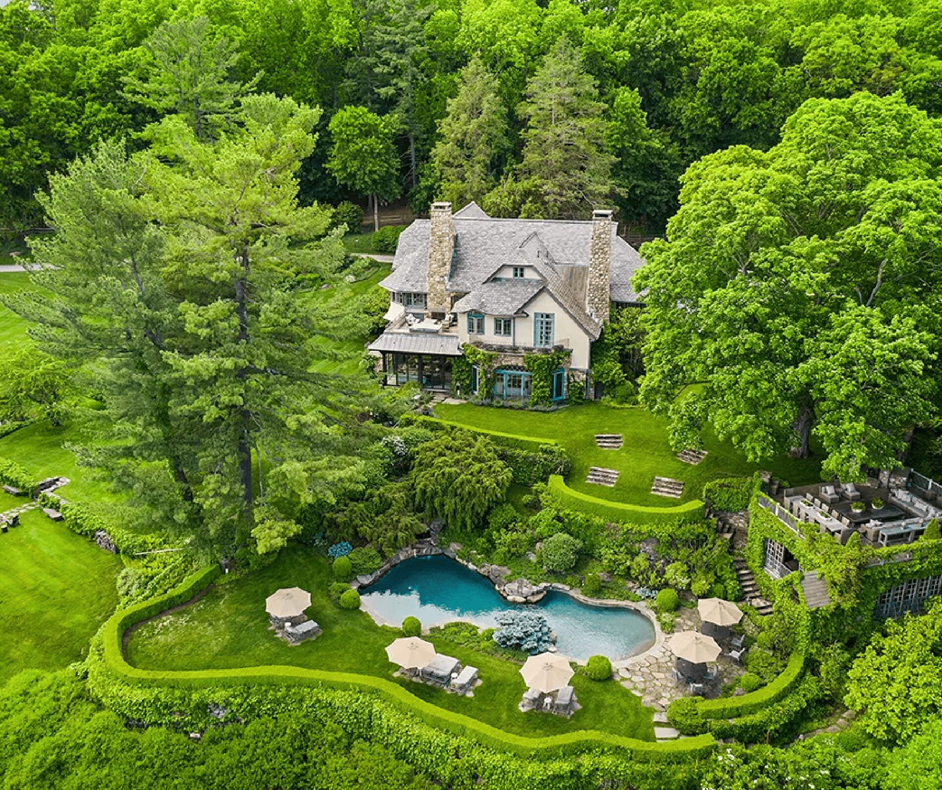 Aerial view of Rockledge Farm, showcasing Andrew Chary Architects' commitment to high-quality design and unique, human-scaled spaces that refresh the soul and become cherished legacies