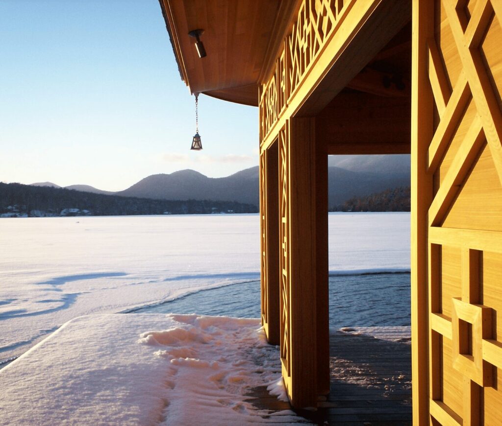 Snowy Boathouse Exterior Boathouse Detail 1 Asian Inspired Boathouse Andrew Chary Architect